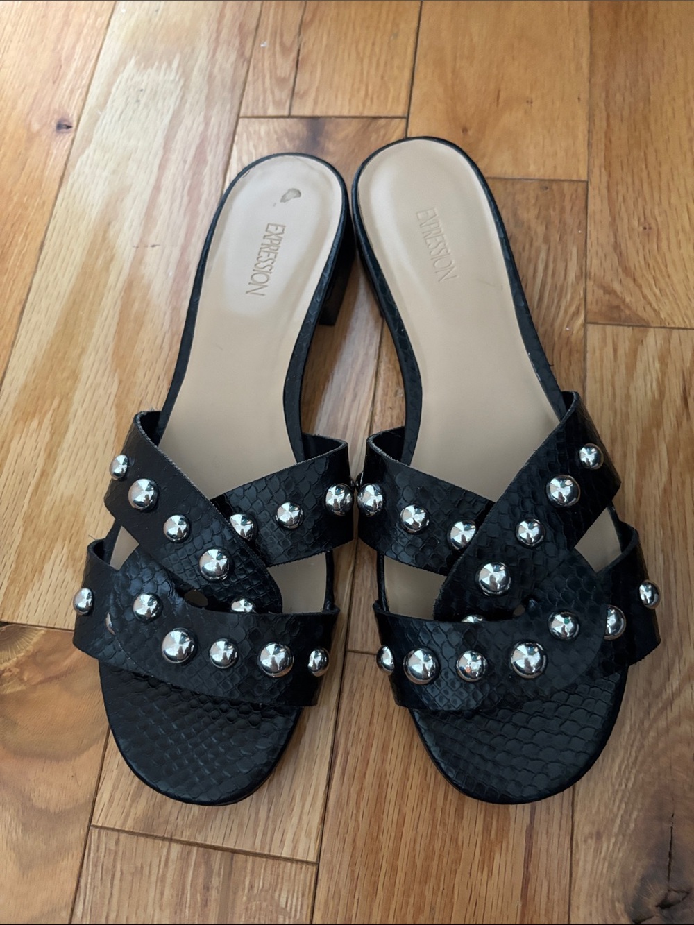 Expressions Black Studded Crisscross Slide Mules